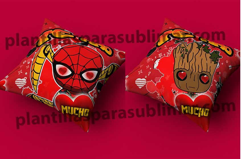 Cojines-Spiderman-Groot-San-Valentin – Plantillas para sublimar