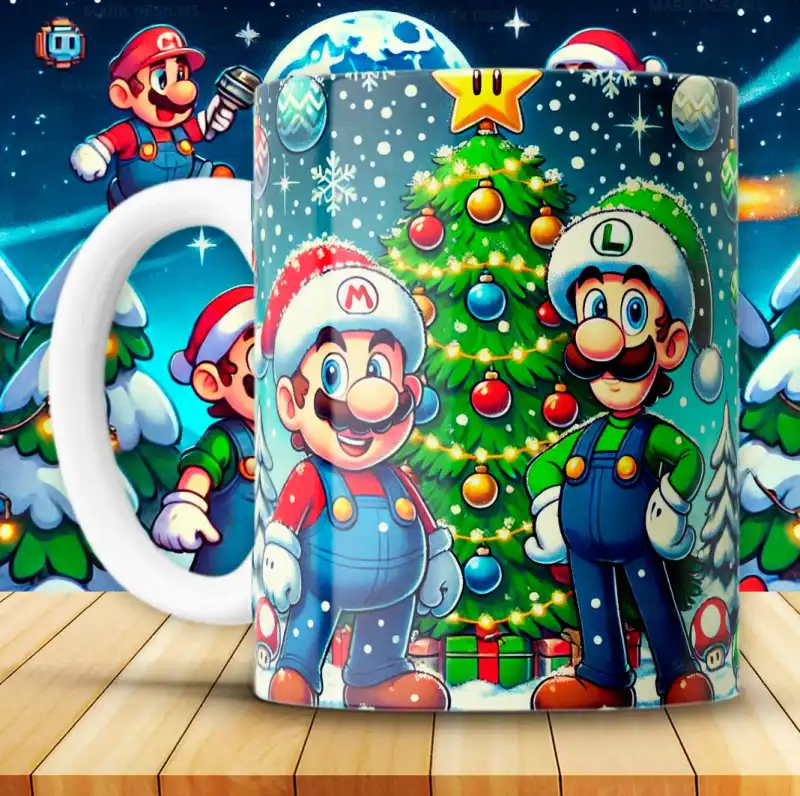 12 plantillas Mario Bros navideño tazas sublimacion