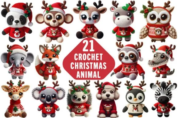 21 Animalitos navideños estilo Crochet Tejido PNG