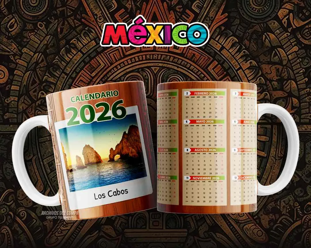 Calendario 2026 tazas turismo Mexico plantilla