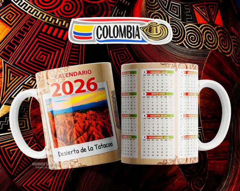 CALENDARIO COLOMBIA 2026 12 plantillas tazas