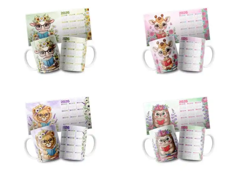 4 plantillas animalitos calendarios 2026 editables tazas