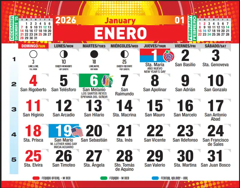 Calendario mensual 2026 Santoral editable Coreldraw