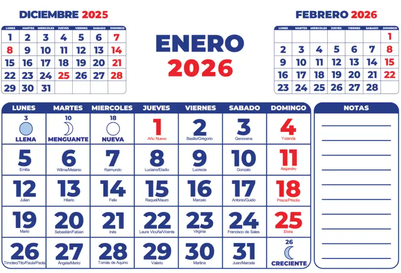 Calendario mensual con santoral 2026 PDF