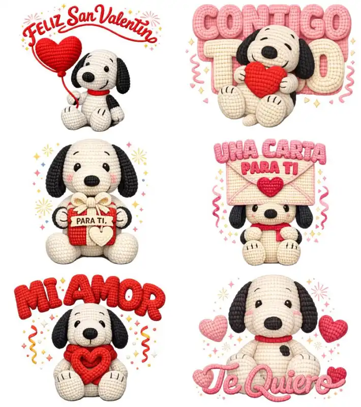 12 diseños snoopy san valentin tejido crochet png