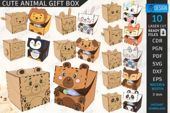 caja de regalo animalitos corte laser 10 diseños
