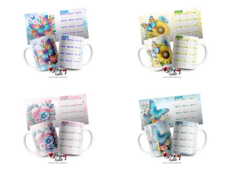 calendario mariposa 2026 tazas editables sublimacion
