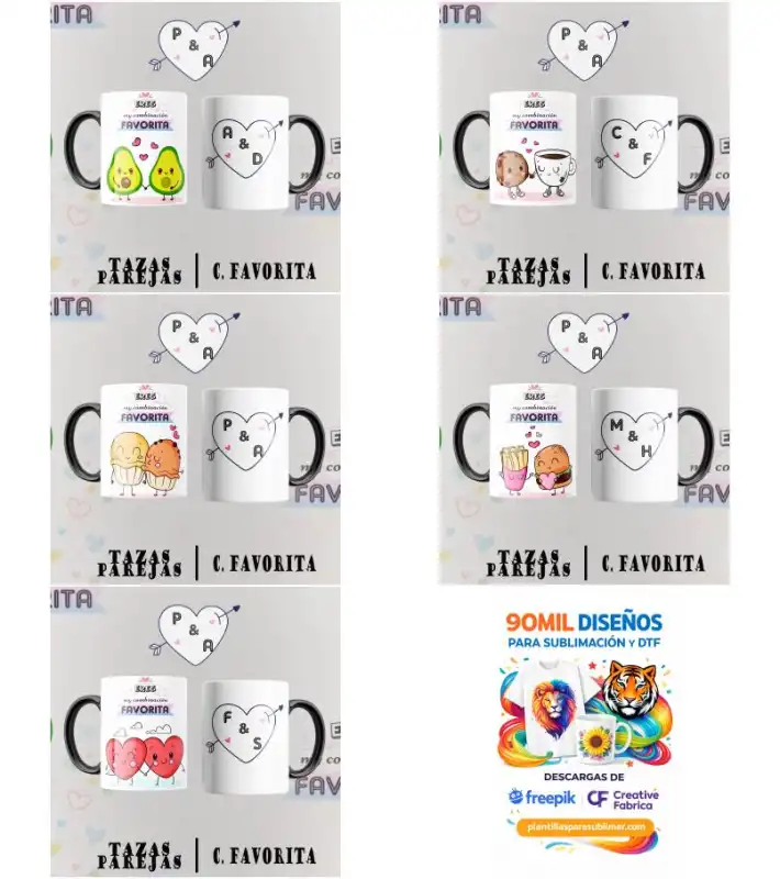 5 plantillas tazas comida parejas san valentin editables