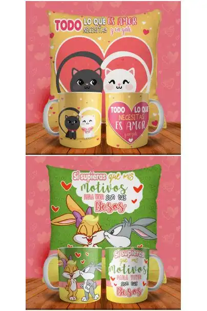 Taza Cojin san valentin 2 plantillas gatitos conejos bugs y lola