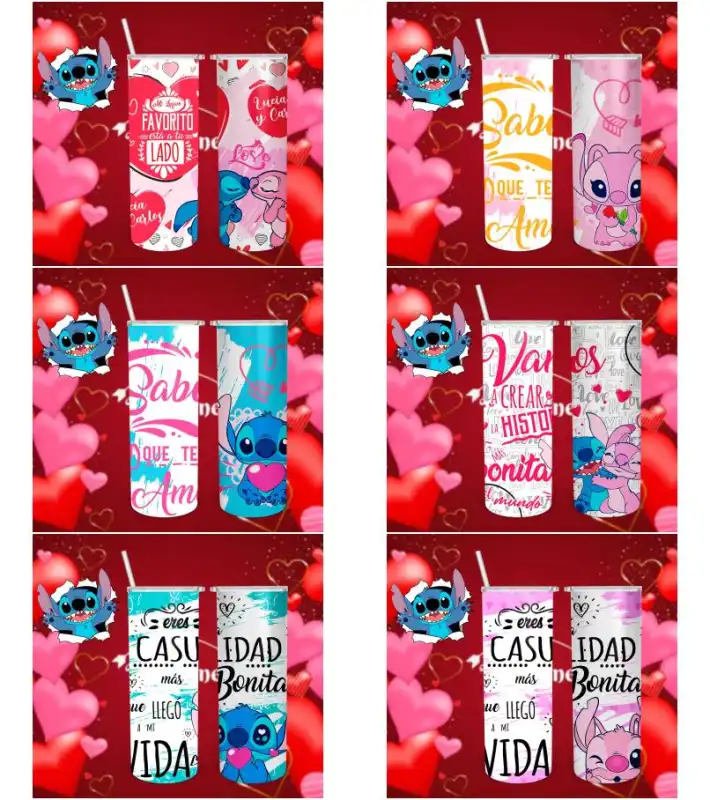 7 plantillas tumbler san valentin angel y Stitch sublimacion