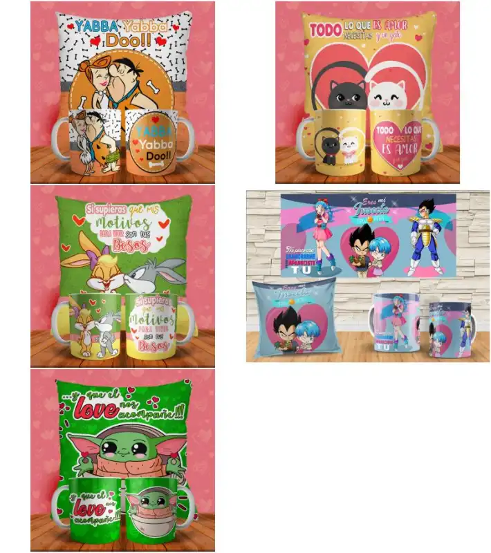 Duos Cojines tazas Picapiedras Baby yoda Bulma Vegeta Lola plantillas