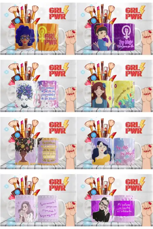 9 plantillas power girl dia de la mujer tazas sublimacion