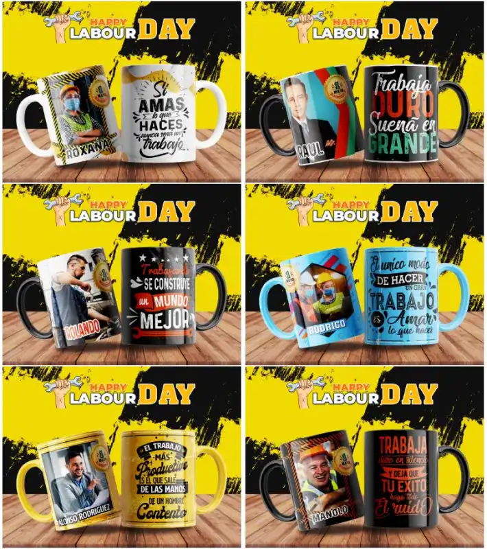 Día del trabajador 1 de mayo plantillas tazas editables sublimar