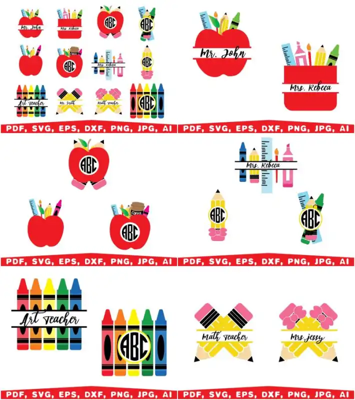 Manzanas y crayones maestro profesores corte sublimación vectores