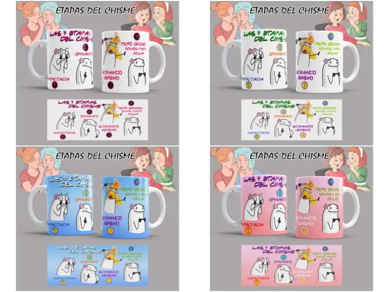 etapas del chisme flork 4 plantillas tazas PNG