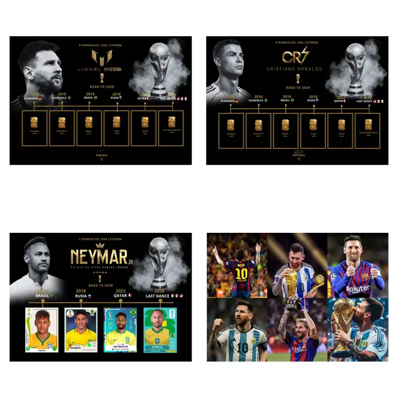Cuadros Messi Ronaldo Neymar 4 diseños PNG Mundial