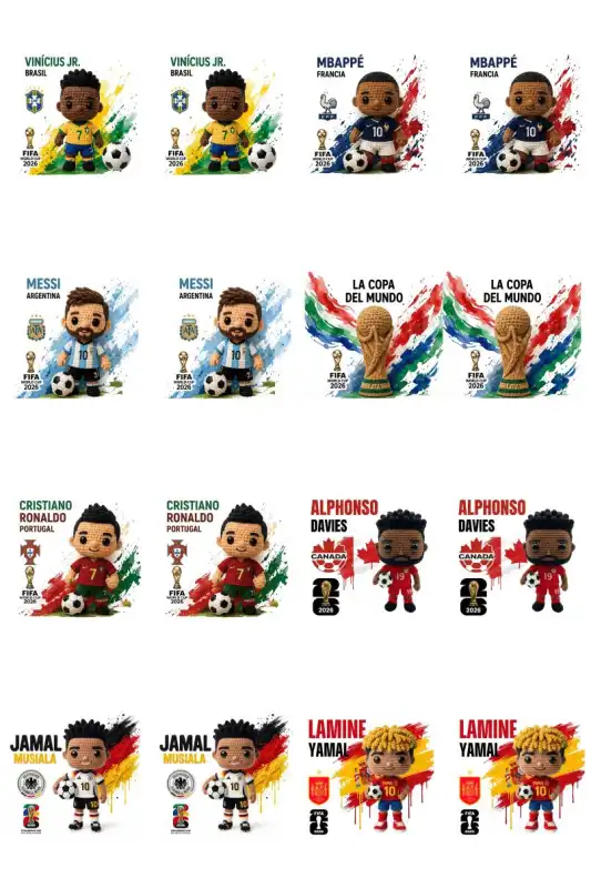 Jugadores Mundialistas Tejido crochet Funko 16 plantillas tazas Mundial