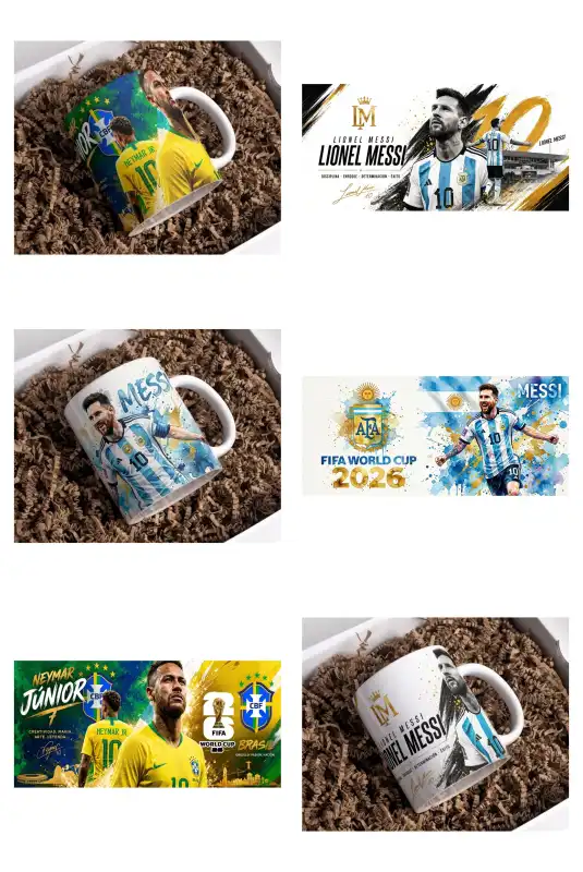 Plantillas Messi Argentina Neymar Brasil 3 diseños tazas