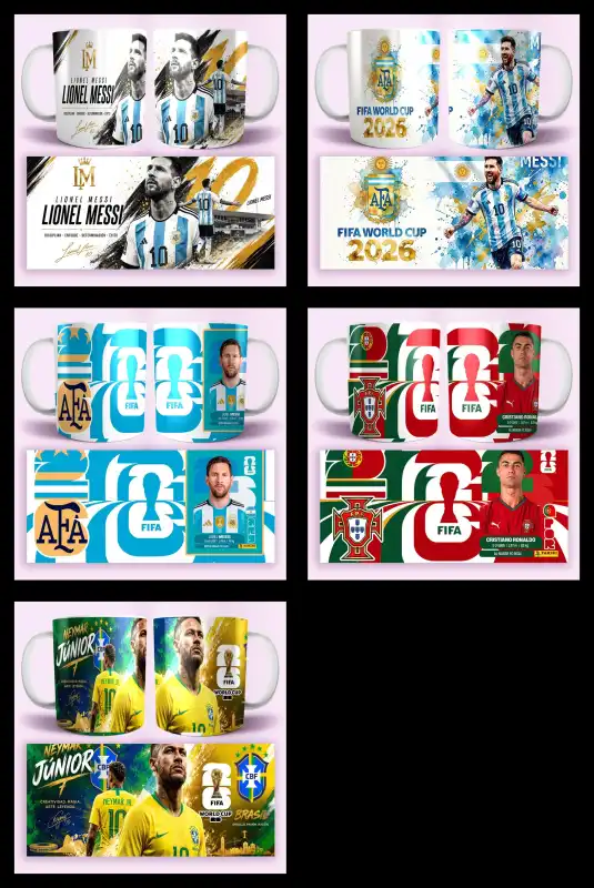 Plantillas Messi Ronaldo Neymar 3 diseños tazas