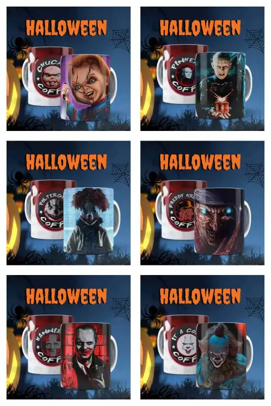 Halloween peliculas terror personajes 11 plantillas tazas editables