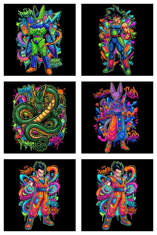 Dragon ball Esstilo Neon 30 diseños personajes PNG sublimacion dtf