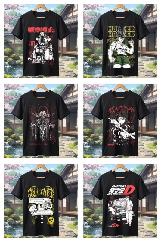 variedad anime playera negra semitonos dtf 9 diseños png psd