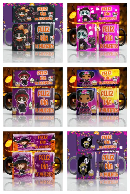 Feliz dia de muertos planticas estilo acuerela chibi 12 diseños tazas